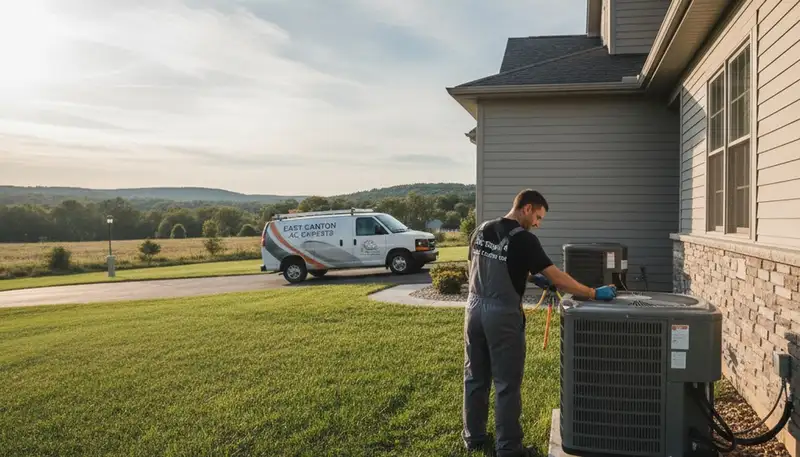 Professional AC repair technician servicing air conditioner unit in Canton, OH