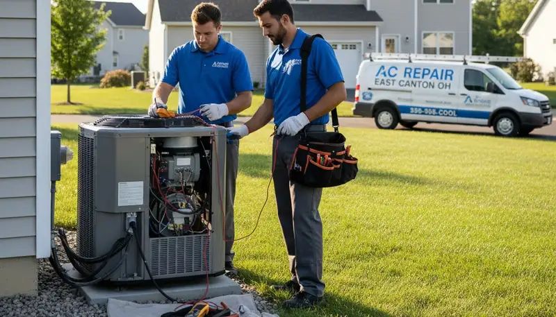 Professional AC repair technician servicing air conditioner in Canton, OH home