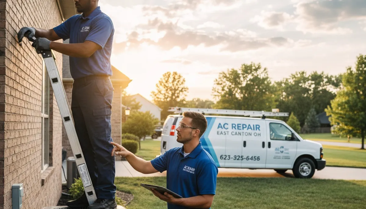Professional AC repair technician servicing air conditioner unit in Canton, OH home