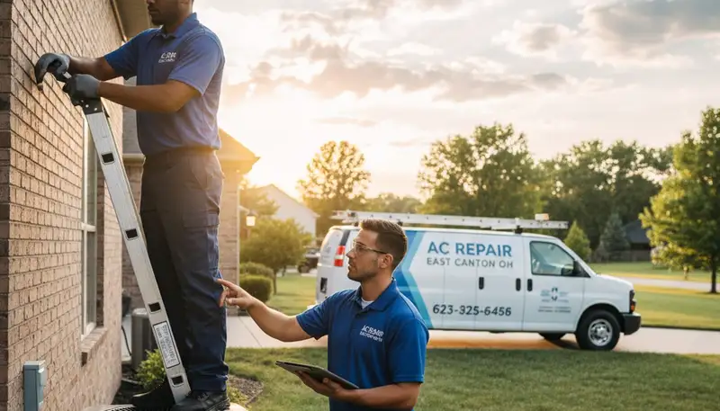 Professional AC repair technician servicing air conditioner unit in Canton, OH home