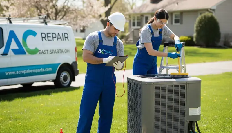 Professional AC repair technician servicing air conditioner in Canton, OH home