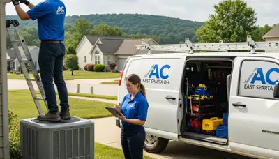 Professional AC repair technician servicing air conditioner unit in Canton, OH