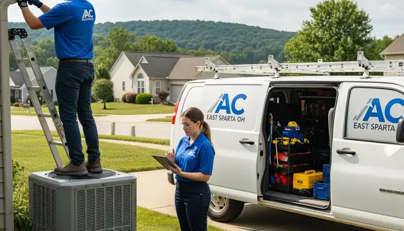 Professional AC repair technician servicing air conditioner unit in Canton, OH