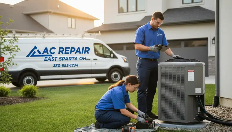 Professional AC repair technician servicing home air conditioner in Canton, OH