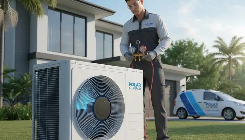 Technician performing professional AC repair service in Canton, OH for Five Star Cooling
