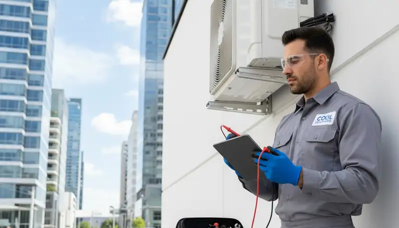Technician performing AC repair in Canton, OH for residential cooling system maintenance
