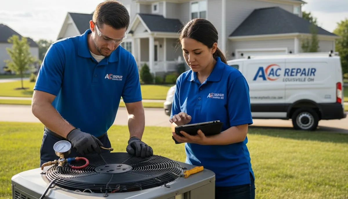 Professional AC repair technician servicing home air conditioner in Canton, OH