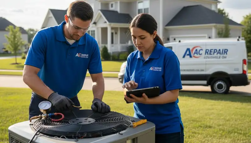 Professional AC repair technician servicing home air conditioner in Canton, OH