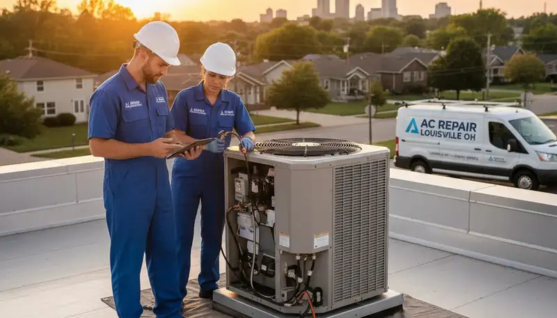 Professional AC repair technician servicing air conditioner in Canton, OH home