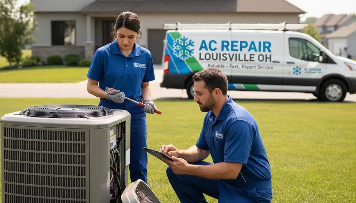 Professional AC repair technician servicing air conditioner unit in Canton, OH