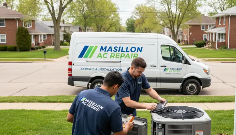 Professional AC repair technician servicing air conditioner in Canton OH home