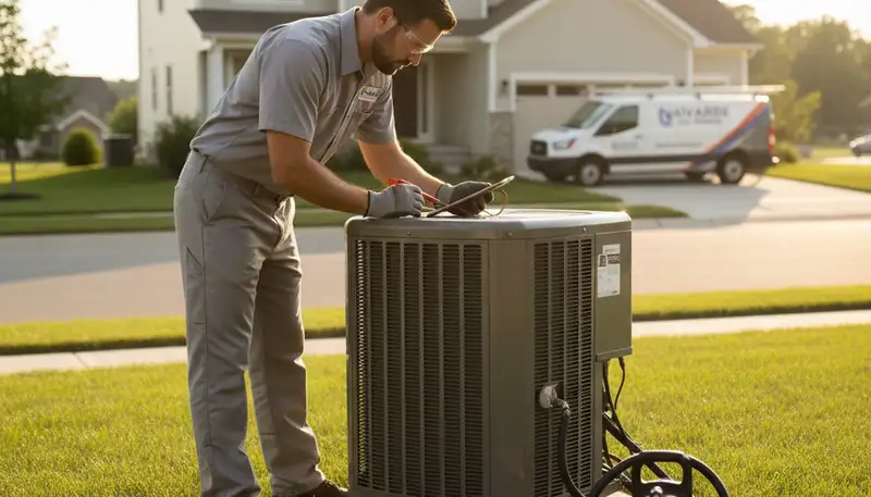 Professional AC repair technician servicing air conditioner in Canton, OH home