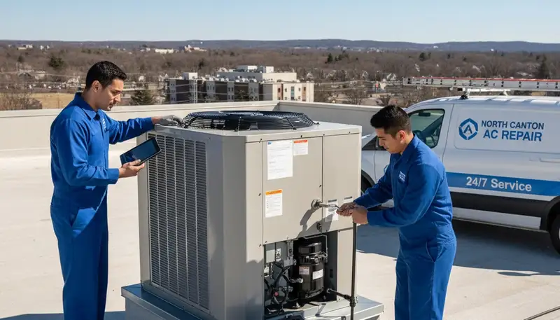 Professional AC repair technician servicing air conditioner unit in Canton, OH