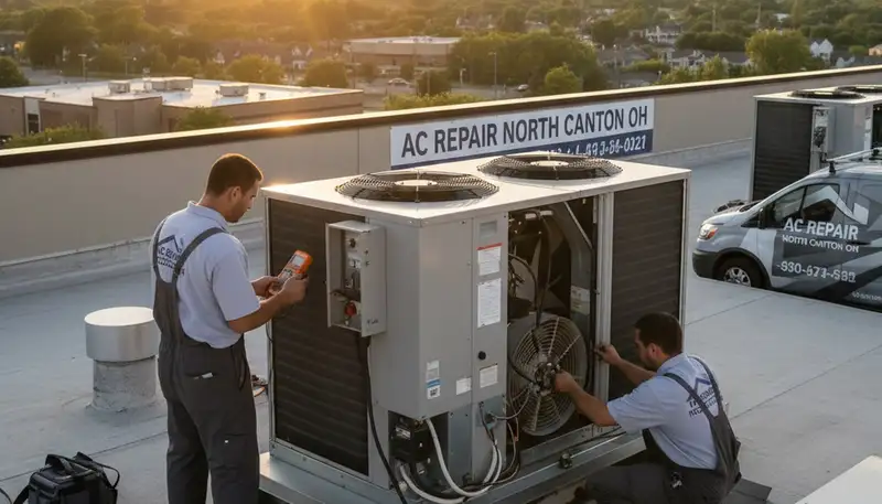Professional AC repair technician servicing air conditioning unit in Canton, OH