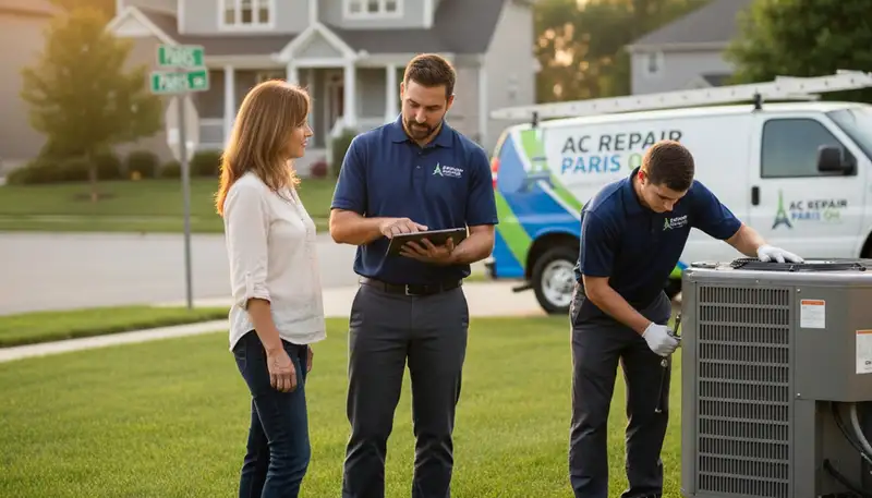 Professional AC repair technician servicing air conditioner unit in Canton, OH home