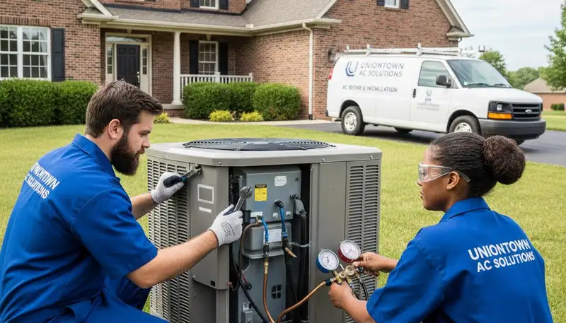 Professional AC repair technician servicing air conditioner unit in Canton, OH home
