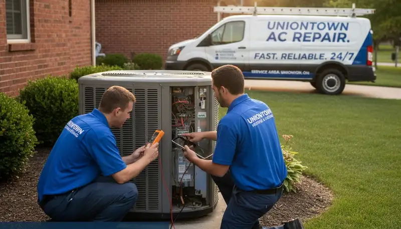 Professional AC repair technician servicing air conditioning unit in Canton, OH home