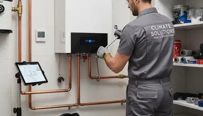 Technician performing boiler repair service in Canton, OH for Five Star Cooling heating system maintenance