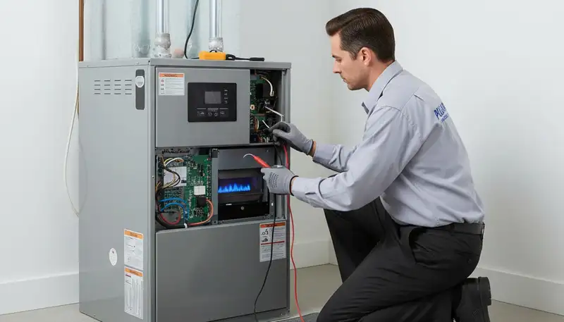 Technician performing furnace repair in Canton, OH for Five Star Cooling heating service