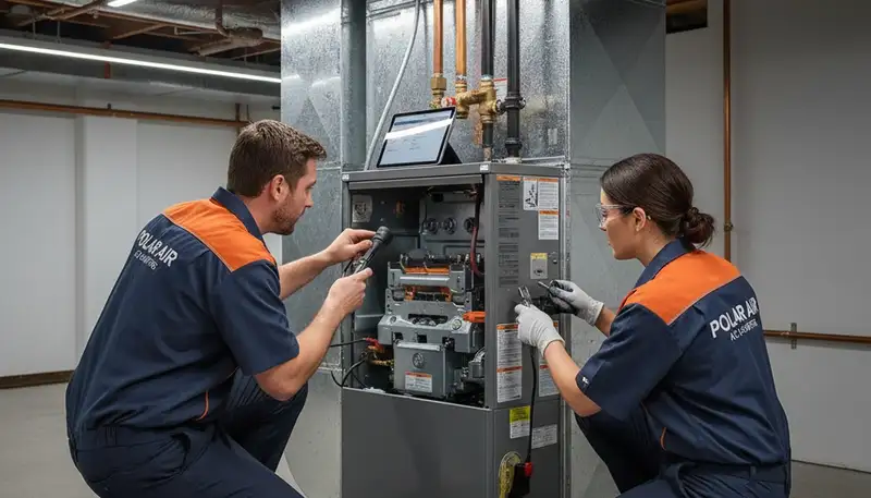 Technician performing furnace repair service in Canton, OH home by Five Star Cooling