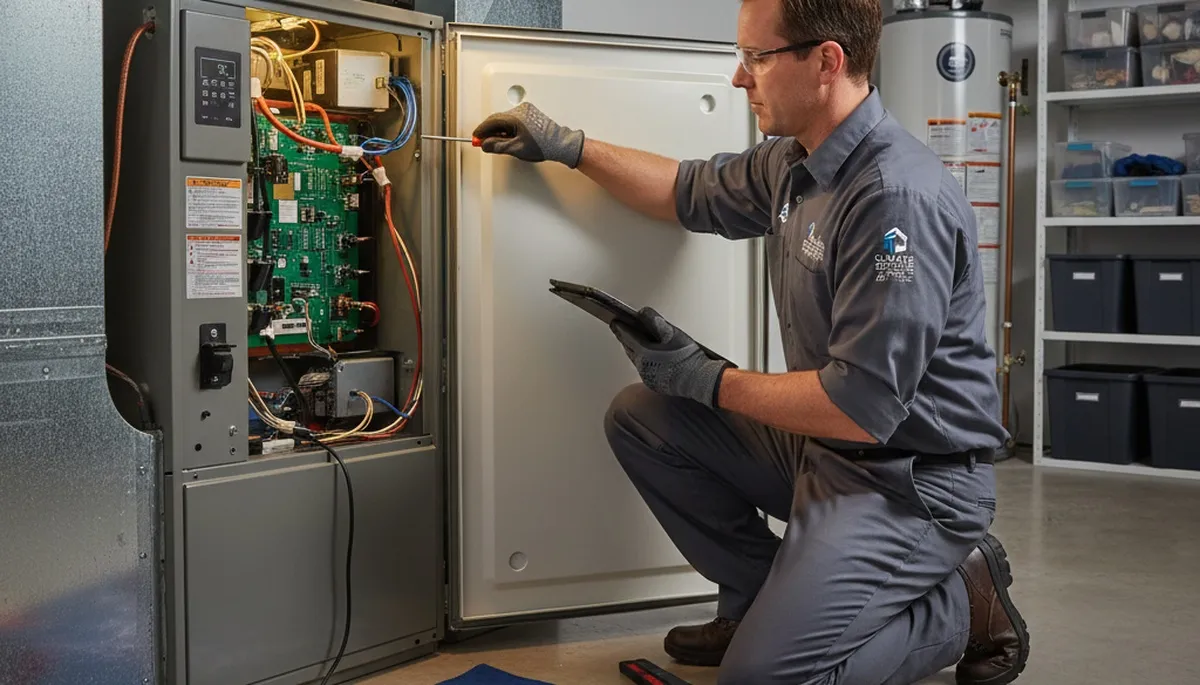 Technician performing heating repair on furnace in Canton, OH home by Five Star Cooling