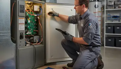 Technician performing heating repair on furnace in Canton, OH home by Five Star Cooling