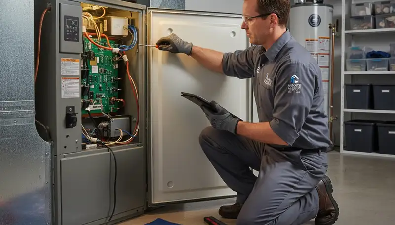 Technician performing heating repair on furnace in Canton, OH home by Five Star Cooling