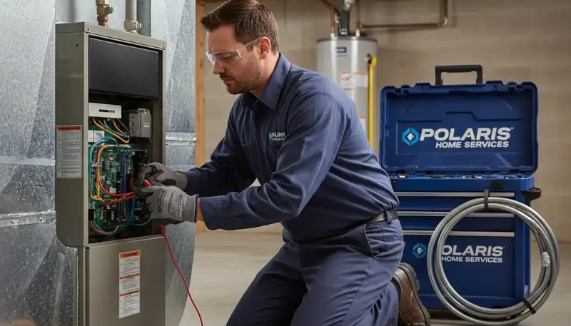 Technician performing furnace and heating repair service in Canton, OH by Five Star Cooling