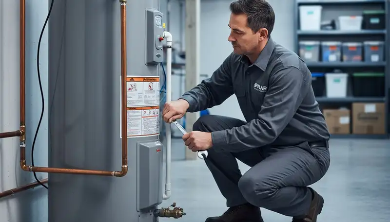 Technician performing water heater repair in Canton, OH for Five Star Cooling homeowners