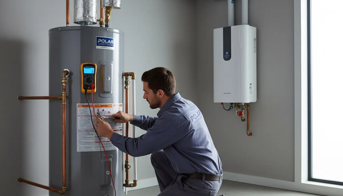 Technician repairing residential water heater in Canton, OH for Five Star Cooling