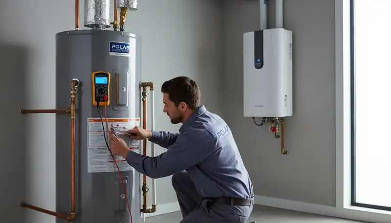 Technician repairing residential water heater in Canton, OH for Five Star Cooling